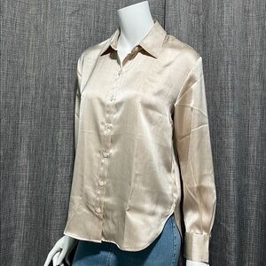 NWT Banana Republic Taupe Satin Metallic Pinstripe Button Down Blouse XSmall
